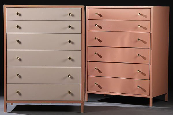 5 SIMMONS ENAMELED METAL GEDDES DRESSERS: A FIVE-PIECE GROUP OF SIMMONS ENAMELED METAL BEDROOM FURNITURE, CIRCA 1930'S. Comprising two six-drawer high boys, attributed to Norman Bel Geddes with Simmons labels; together with two metal dressers