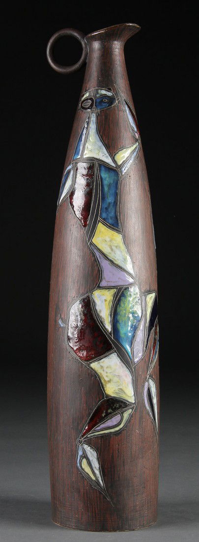 FANTONNI ITALIAN "RAYMOR" ENAMELED VASE: A VERY FINE FANTONNI ITALIAN "RAYMOR" ENAMELED POTTERY VASE, MID-20TH CENTURY. With geometric form dancers in shaded polychrome enamels. Height 20 inches (51 cm).