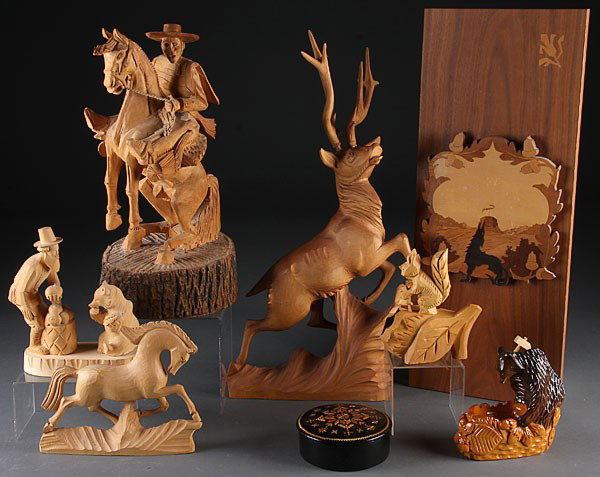 RUSSIAN CARVED WOOD FIGURAL GROUP SOVIET BEAR: A RUSSIAN CARVED WOOD FIGURAL GROUP, SOVIET PERIOD. Five pieces comprising a large elk, farmer with bear, horse, and squirrel; together with a Russian cut straw lacquer box, a scroll-cut wood marquetr