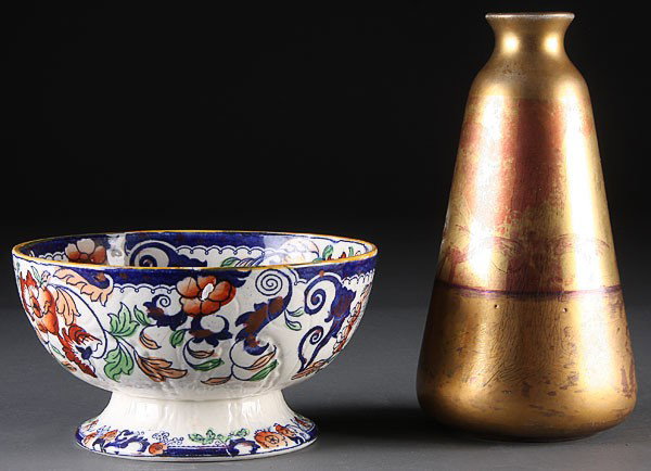A WELLER LASA IRIDESCENT ART POTTERY VASE: A WELLER LASA IRIDESCENT ART POTTERY VASE, EARLY 20TH CENTURY. Together with an Amherst Japan ironstone bowl. Height 9 inches (23 cm), diameter 7.75 inches (19.5 cm).