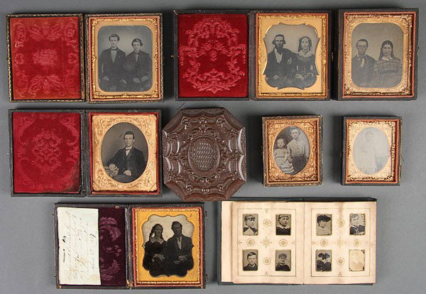 SEVEN EARLY CASED TINTYPE AND AMBROTYPE PHOTOGRAP: SEVEN EARLY CASED TINTYPE AND AMBROTYPE PHOTOGRAPHS, 19TH CENTURY, comprising two ambrotypes of a husband and wife in leather cases, five leather cased tintype portraits together with a partially fill