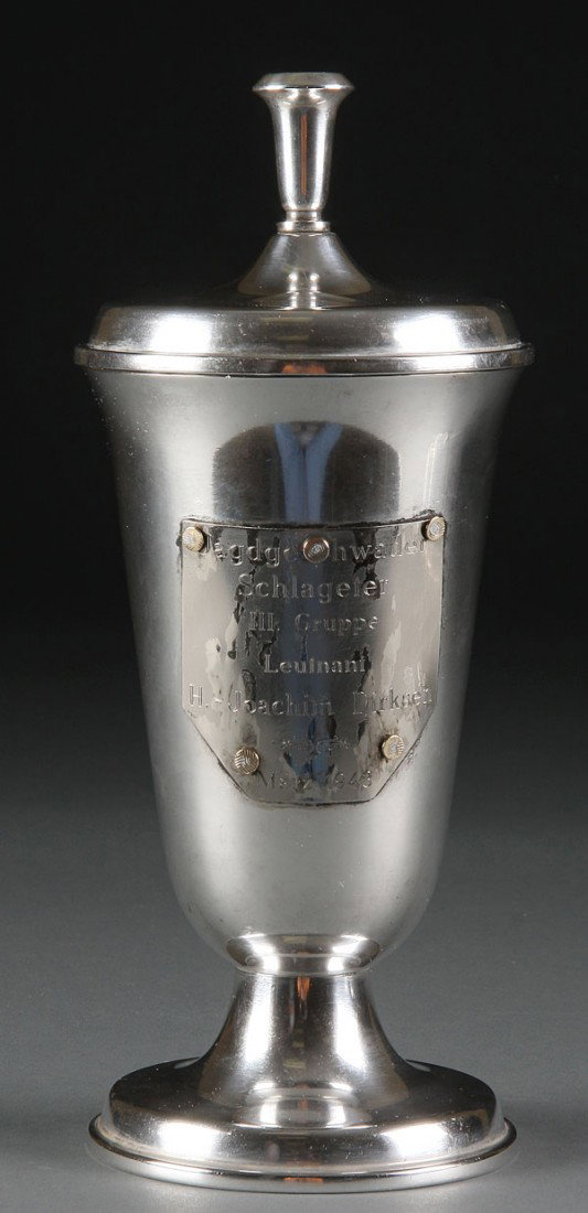 A GERMAN WWII LUFTWAFFE SILVER-PLATED HONOR GOBLE: A GERMAN WWII LUFTWAFFE SILVER-PLATED HONOR GOBLET. Awarded to Lieutenant H. Joachim Dirksen in March of 1943. Dirksen was an ace with five kills from Jagdgeschwader 132, later renamed Jagdgeshwader 2