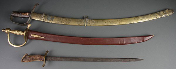 GROUP OF THREE EDGED WEAPONS, 19TH AND 20TH CENTU: GROUP OF THREE EDGED WEAPONS, 19TH AND 20TH CENTURY. Comprising a 19th century calvary saber in relic condition with replaced grip, basket and guard contained in an engraved brass scabbard, a German h