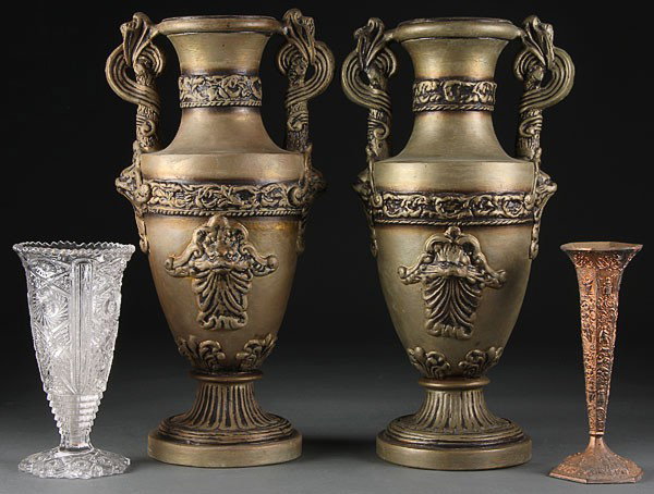 FOUR VINTAGE VASES, comprising a pair of cast Mex: FOUR VINTAGE VASES, comprising a pair of cast Mexican terracotta polychrome handled vases, height 21 inches; a pressed glass vase and an ormolu scenic vase.