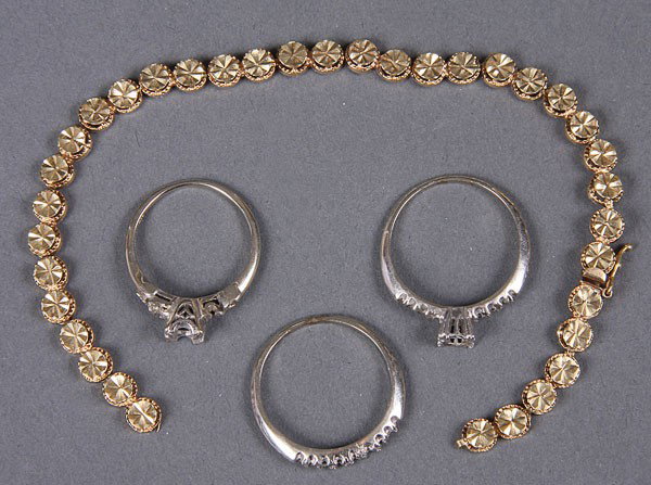 THREE 18 KT WHITE GOLD RING MOUNTS: THREE 18KT WHITE GOLD RING MOUNTS, wt. 7 grams. Together with a 14kt yellow gold bracelet with stone removed, wt. 5 grams.