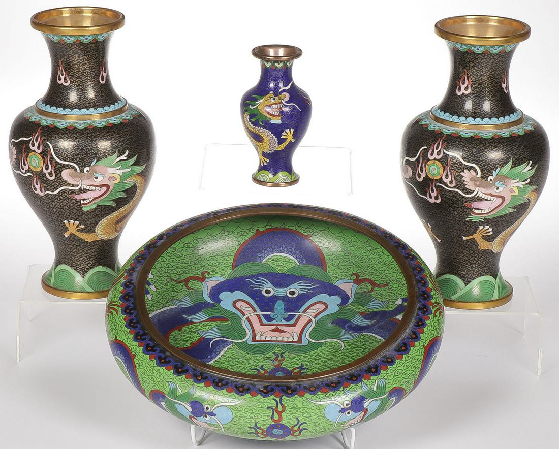 CHINESE DRAGON CLOISONNÉ GROUP: CHINESE DRAGON CLOISONNÉ GROUP. Comprising four individual pieces, including a matching pair of dragon decorated vases, a large footed bowl, the interior with a large five claw dragon chasing a