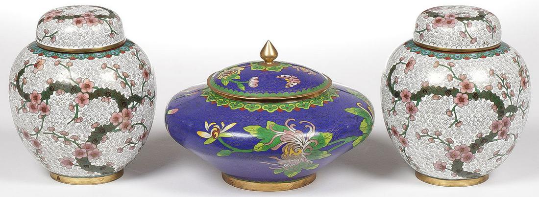 CHINESE CLOISONNÉ GROUP: CHINESE CLOISONNÃ‰ GROUP. Comprising a pair of finely enameled ginger jars with fitted lids and a blue enameled bowl with fitted lid as shown. Greatest height 5.75 inches (14.7 cm). SHIPPING NOTICE