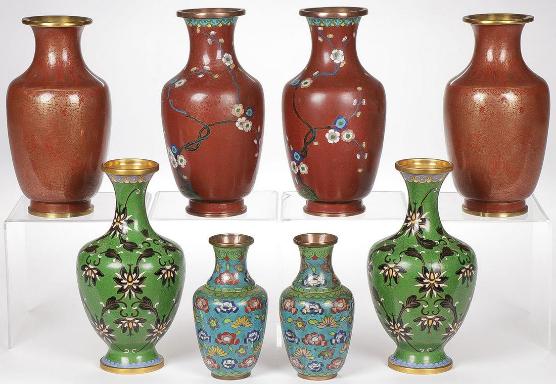 CHINESE CLOISONNÉ GROUP: CHINESE CLOISONNÉ GROUP. Comprising four sets of matching cloisonné vases. Greatest measurement 17.75 inches. SHIPPING NOTICE: Jackson's is your sole and only source for one stop packing