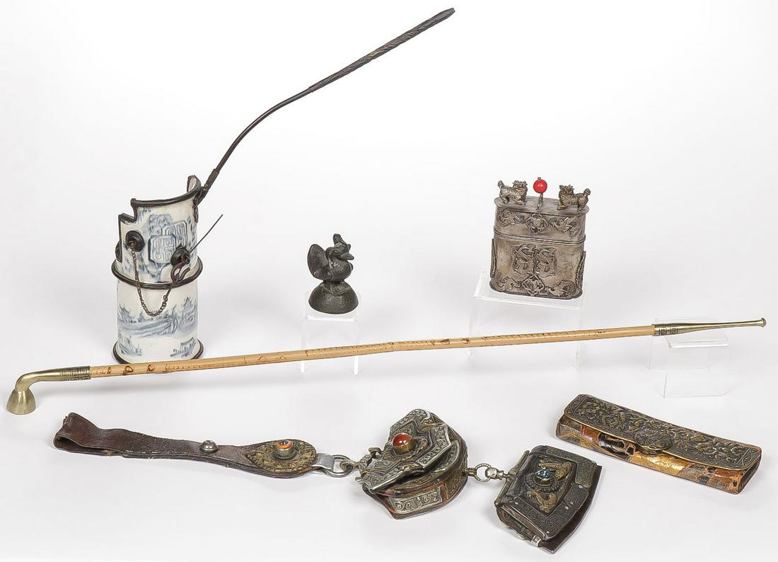 VINTAGE CHINESE & TIBETAN SMOKING GROUP: VINTAGE CHINESE & TIBETAN SMOKING GROUP. Comprising an attractive Tibetan flint striker tobacco pouch with original belt suspension loop finely decorated with silvered and gilt metal embellishments as