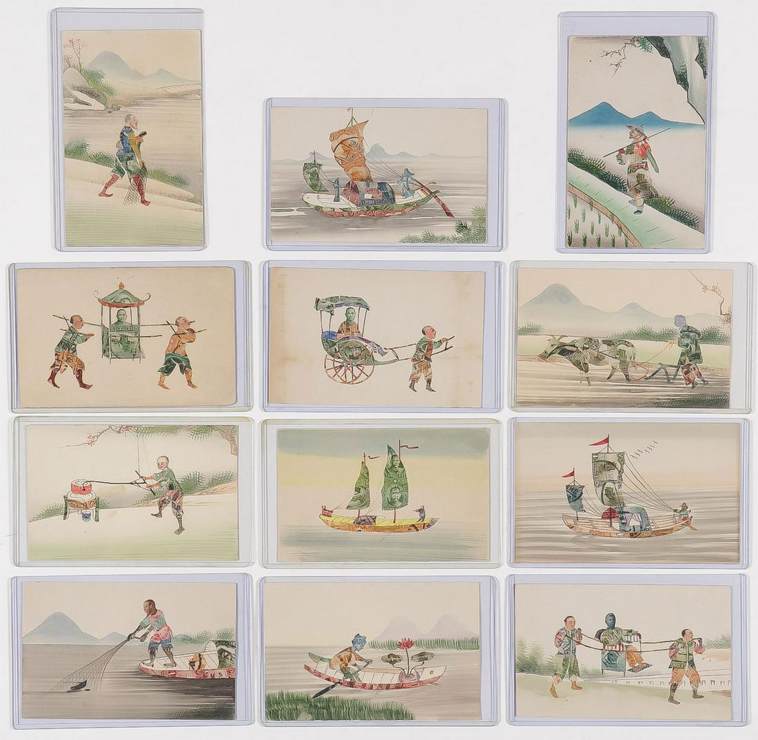 12 VINTAGE CHINESE STAMP COLLAGE POSTCARDS: 12 VINTAGE CHINESE STAMP COLLAGE POSTCARDS. Depicting various scenes, all postally unused. SHIPPING NOTICE:Jackson's is your sole and only source for one stop packing and shipping. With over 50