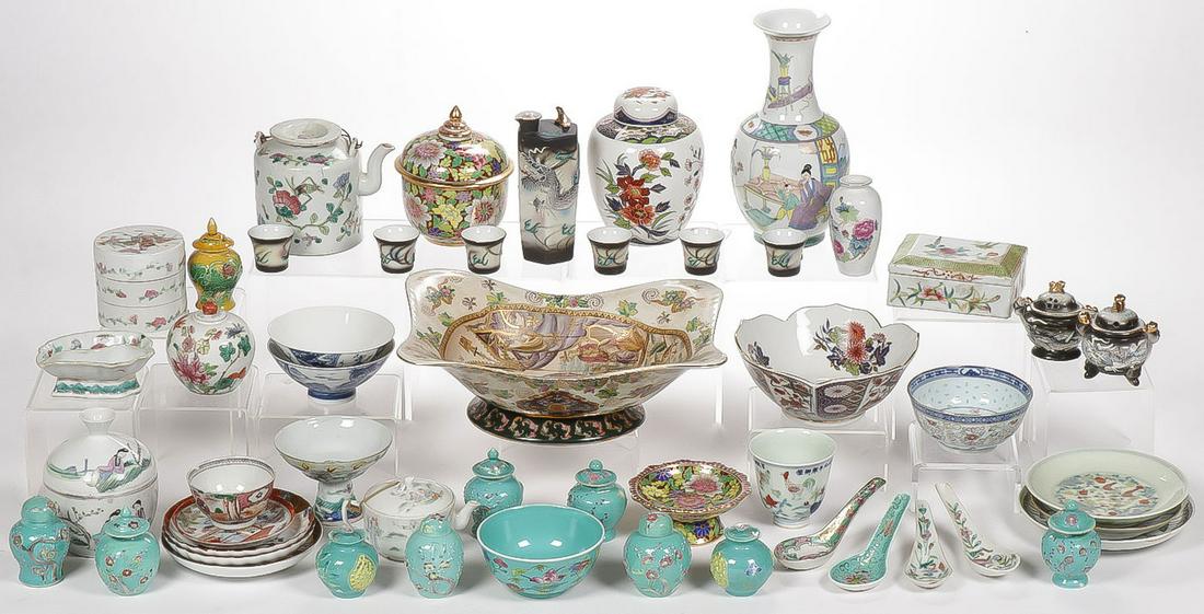 MIXED ASIAN PORCELAIN GROUP: MIXED ASIAN PORCELAIN GROUP. Comprising 50 individual pieces including vases, ginger jars, teapots, stacking boxes, covered boxes, bowls, underplates, many with markings on bottom, footed rice bowls,