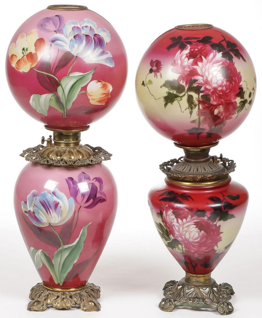 PAIR OF GWTW PARLOR LAMPS: PAIR OF GWTW PARLOR LAMPS. Both floral decorated, each electrified. Greatest height 28.5 inches. SHIPPING NOTICE: Jackson's is your sole and only source for one stop packing and shipping. With ove
