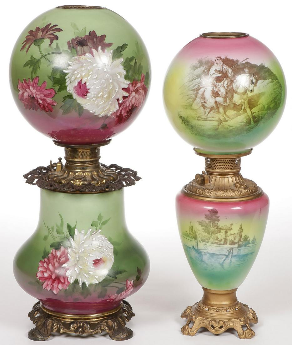 PAIR OF GWTW PARLOR LAMPS: PAIR OF GWTW PARLOR LAMPS. One mum decorated, the other with Arab themed globe. Both electrified. Greatest height 24 inches. SHIPPING NOTICE: Jackson's is your sole and only source for one stop p