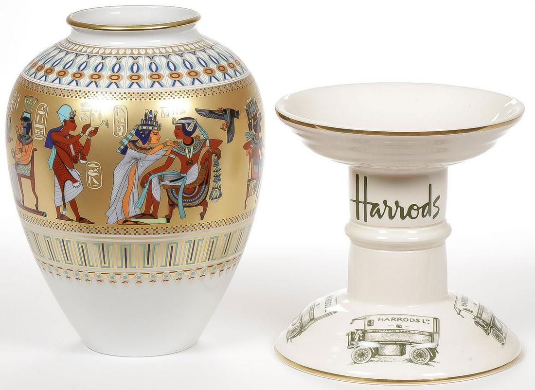 GERMAN ENGLISH PORCELAIN GROUP: GERMAN ENGLISH PORCELAIN GROUP. Comprising a limited edition Kaiser Porcelain Theben Egyptian motif vase. Together with a Mason's Ironstone for Harrods ham stand. Greatest height 10.5 inches. SHIP
