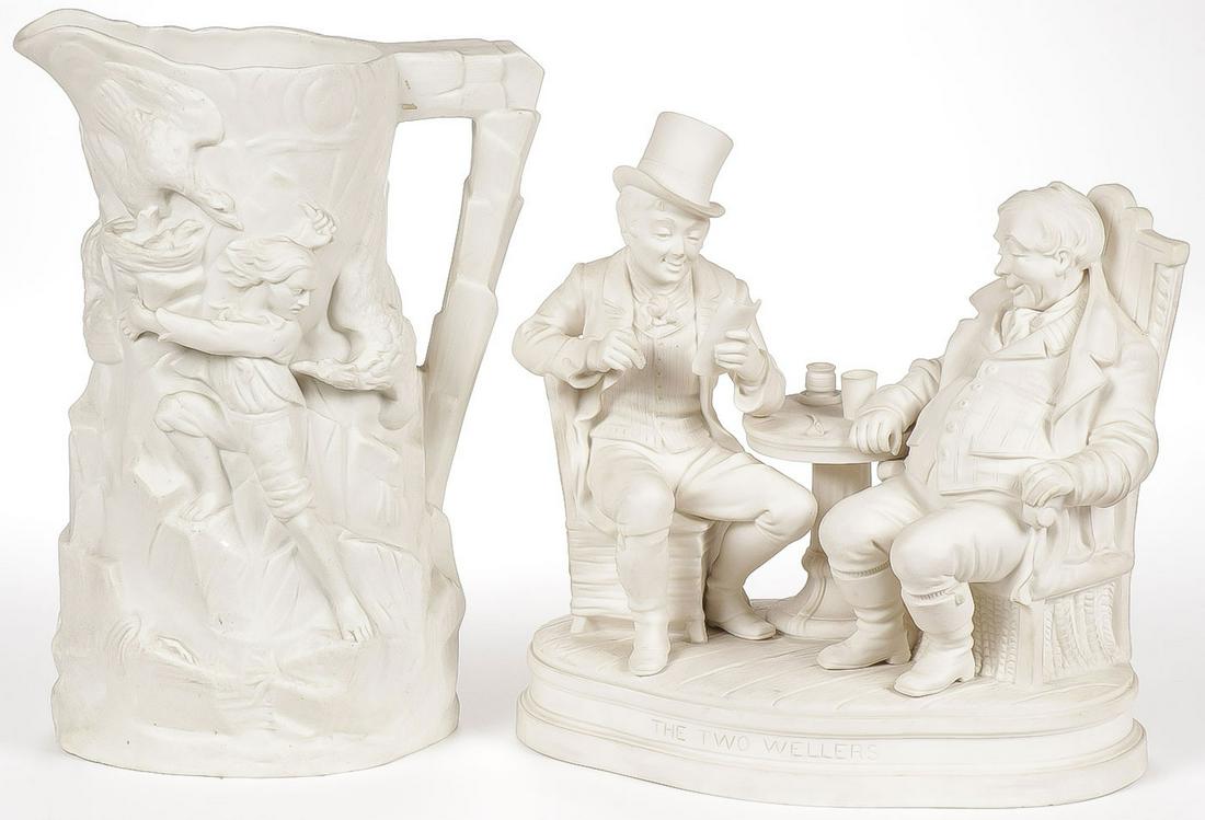 ENGLISH PARIAN WARE GROUP: ENGLISH PARIAN WARE GROUP. Comprising a large Keys & Mountford Parian ware pitcher of the Eagle Hunter and a Parian ware grouping of the Two Wellers. Greatest height 12.5 inches.SHIPPING NOTICE:Jack