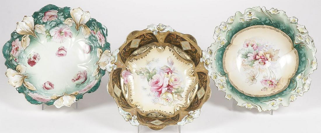 THREE RS PRUSSIA BLOWN OUT BOWLS: THREE RS PRUSSIA BLOWN OUT BOWLS. Each ornately decorated as shown, only one marked. Greatest diameter 10.5 inches. SHIPPING NOTICE: Jackson's is your sole and only source for one stop packing an