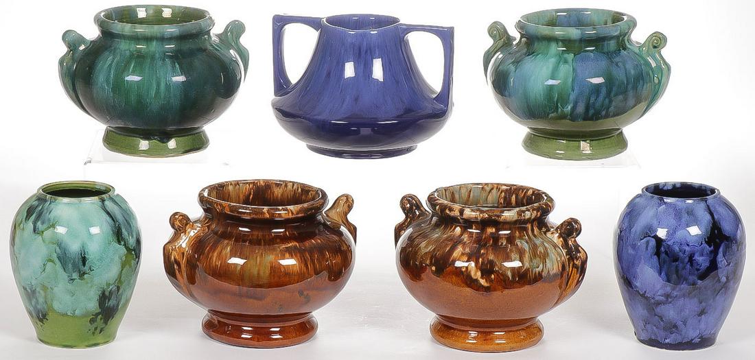 AMERICAN ART POTTERY GROUP: AMERICAN ART POTTERY GROUP. Comprising seven individual jardiniÃ¨res and vases in various glaze colors. Probably Brush McCoy. Greatest height 6.25 inches. SHIPPING NOTICE:Jackson's is your sole