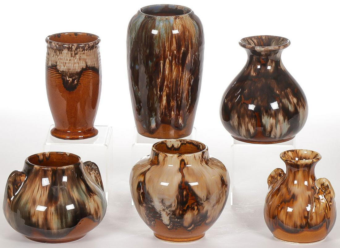 AMERICAN ART POTTERY GROUP: AMERICAN ART POTTERY GROUP. Comprising six individual vases in drip glaze. Probably Brush McCoy. Greatest height 8.25 inches. SHIPPING NOTICE:Jackson's is your sole and only source for one stop