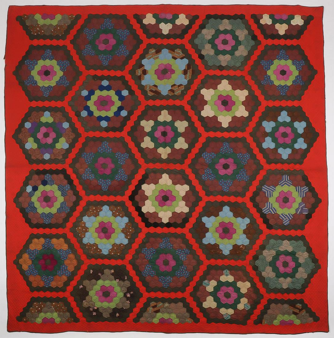 SIX VINTAGE QUILTS: SIX VINTAGE QUILTS. Including a hexagon flower pattern quilt (81 inches x 92 inches), an overall triangular pattern with ruffled skirt (82 inches x 64 inches), a red and green striped calico quilt (85
