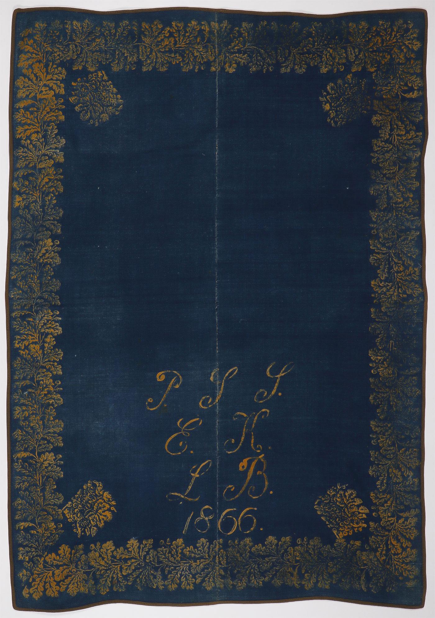 EARLY HOMESPUN TEXTILES: EARLY HOMESPUN TEXTILES. Comprising a blue dyed homespun wool coverlet with printed border with initials and dated 1866 (80 inches x 57 inches). Together with a checkered pattern homespun woven lap bl