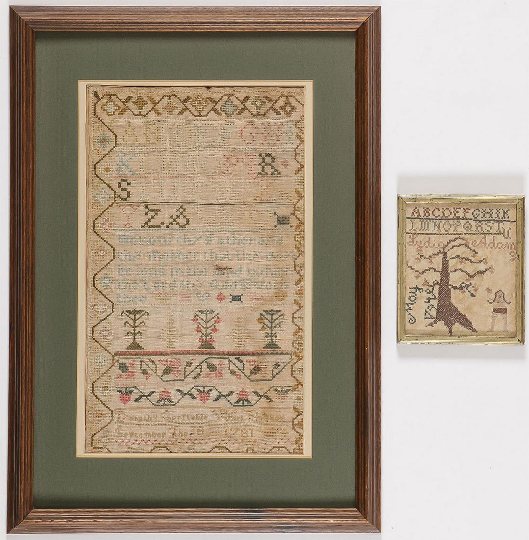 TWO EMBROIDERED SAMPLERS: TWO EMBROIDERED SAMPLERS. The smallest depicting Eve and dated 1794. The larger example named to Dorothy Constable and dated 1781. The largest sampler 16 inches x 10 inches (excluding frame). SHIPPING
