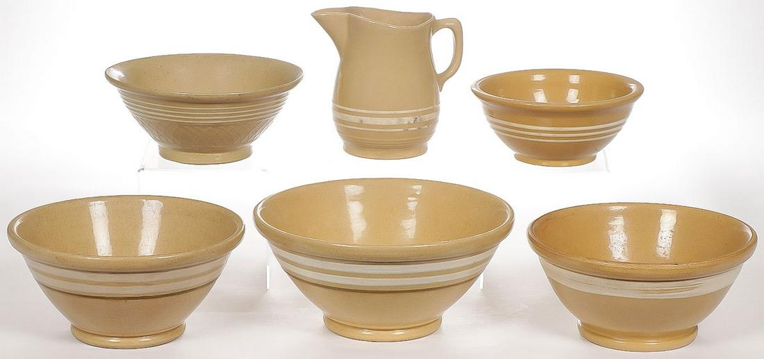 CREAMWARE BOWLS AND PITCHER: CREAMWARE BOWLS AND PITCHER. Including five mixing bowls and a pitcher. Greatest diameter of bowl 12 inches. SHIPPING NOTICE:Jackson's is your sole and only source for one stop packing and ship