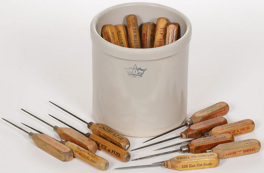 ICE PICKS AND CROCK: ICE PICKS AND CROCK. Comprising 17 ice picks with various advertising contained in a one-gallon crock. Height of crock 8 inches. SHIPPING NOTICE: Jackson's is your sole and only source for o