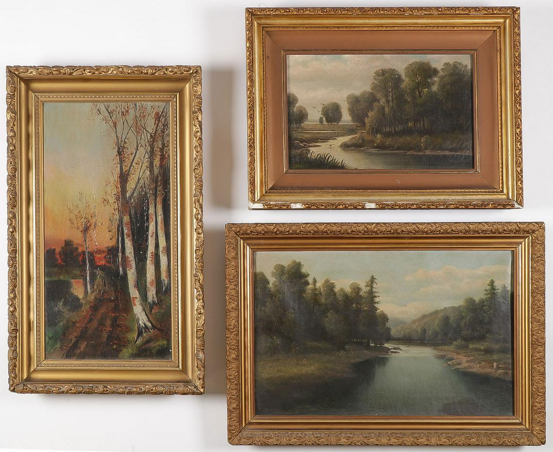 THREE VINTAGE OIL ON CANVAS PAINTINGS C. 1890: THREE VINTAGE OIL ON CANVAS PAINTINGS C. 1890. Comprising birch trees at dusk, signed T. Perieth, a river landscape with ducks in flight signed L.L. Lowell (Lemuel Lowell 1937-1914), and another r