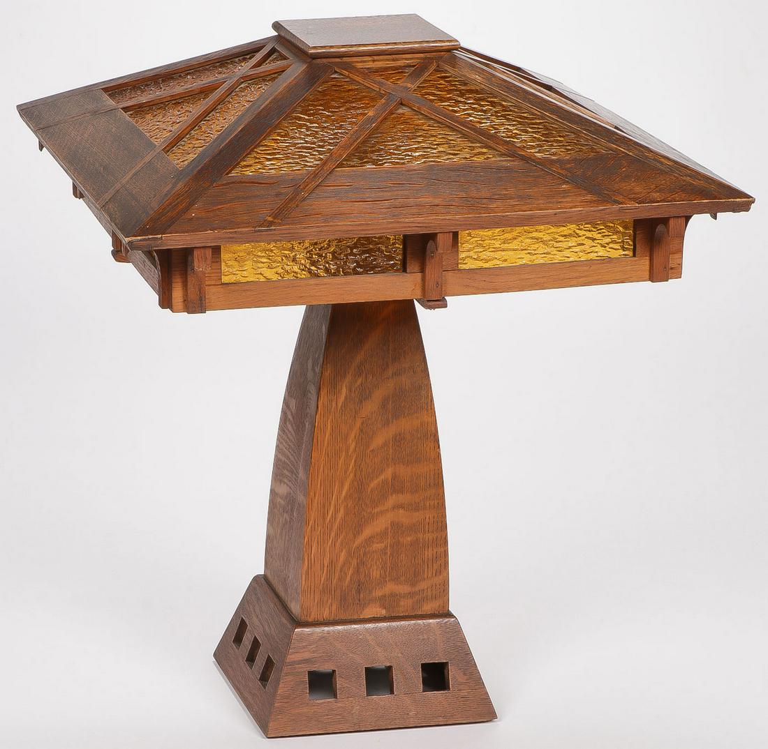 ARTS AND CRAFTS OAK TABLE LAMP: ARTS AND CRAFTS OAK TABLE LAMP. Height 21.5 inches. SHIPPING NOTICE: Jackson's is your sole and only source for one stop packing and shipping. With over 50 years of experience, our professional, a