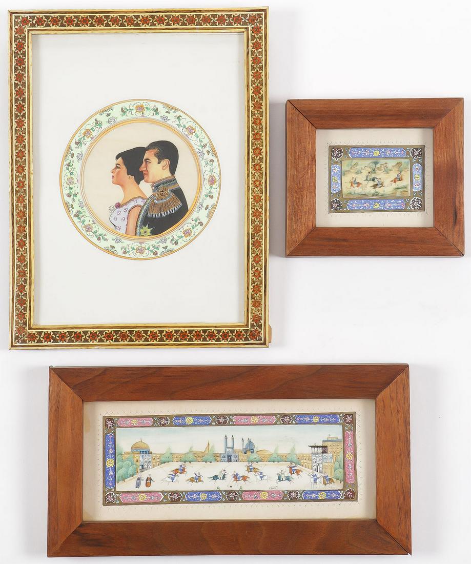 PERSIAN MINIATURE PAINTINGS GROUP: PERSIAN MINIATURE PAINTINGS GROUP. Comprising two miniature scenes, one of polo playing and the other of hunting, both framed. And a framed hand-painted portrait of the Shah and his wife. Greates