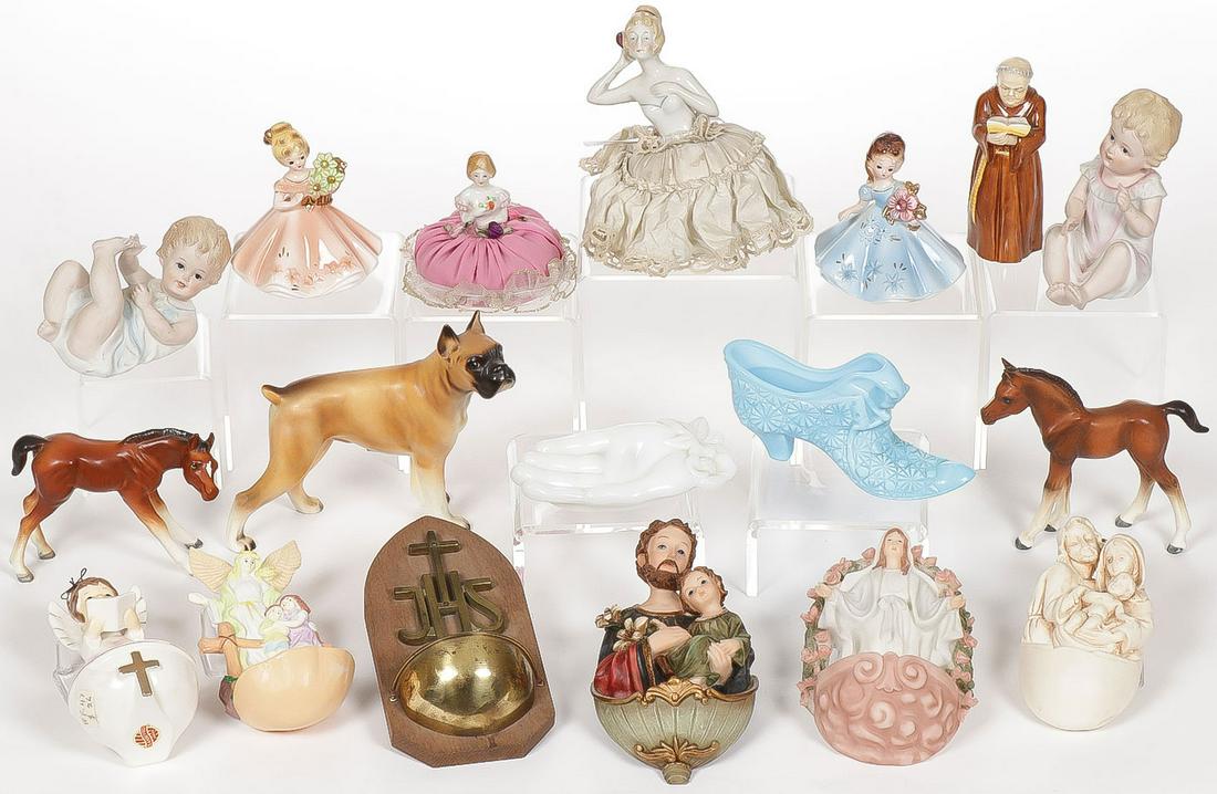 PORCELAIN FIGURINE GROUPING: PORCELAIN FIGURINE GROUPING. Comprising 15 porcelain figurines including Royal Worcester and others, as well as some horses, holy water fonts, pincushion dolls, and milk glass shoe. Greatest measureme