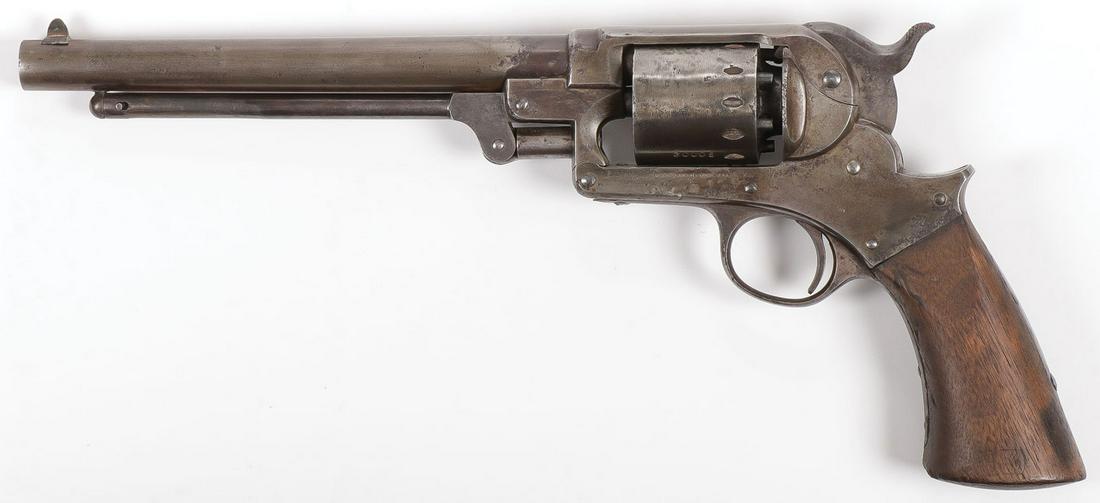 A STARR SINGLE-ACTION REVOLVER: A STARR SINGLE-ACTION REVOLVER. Serial number 30005. In 44 caliber, percussion with eight-inch barrel. Standard military issue, popular during the Civil War. Walnut grips with visible cartouche, match