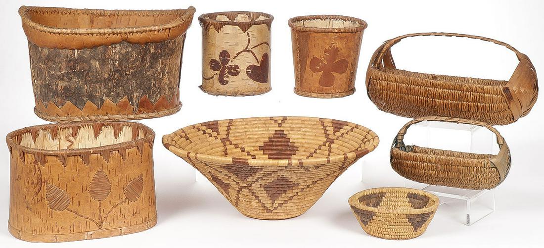 NATIVE AMERICAN & OTHER BASKET LOT: NATIVE AMERICAN & OTHER BASKET LOT. Comprising eight Native American made baskets, including four birch bark baskets, a small Papago basket, two hickory and twine baskets (likely native made), and a l