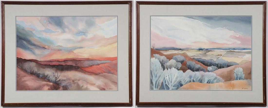 PAIR NICE SIGNED WATERCOLOR LANDSCAPE PAINTINGS: ROBERT J. SHULER (American 20th century) Sunset on the Foothills - a pair of paintings Watercolor on paper Both signed lower right Both contained in matching wood frames overall measuring 30 inche