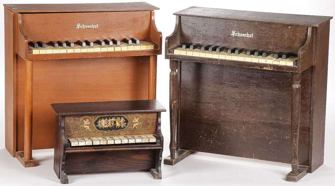 THREE SCHOENHUT CHILDREN'S PIANOS: THREE SCHOENHUT CHILDREN'S PIANOS. Various styles and periods. Greatest height 19.75 inches. SHIPPING NOTICE:Jackson's is your sole and only source for one stop packing and shipping. With ov