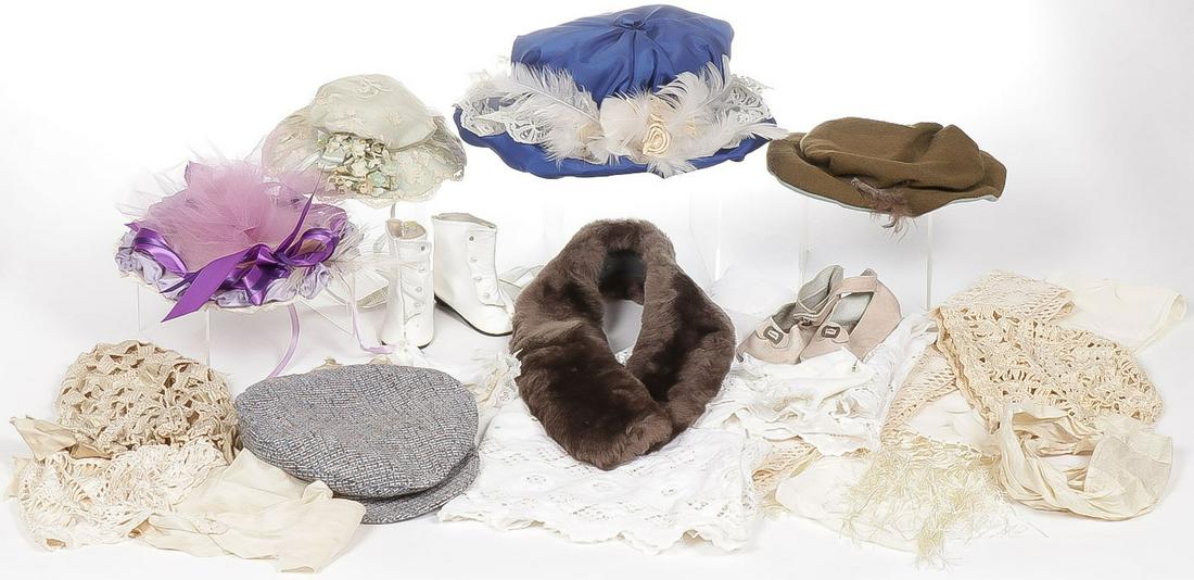 VINTAGE DOLL CLOTHING AND ACCESSORIES GROUP: VINTAGE DOLL CLOTHING AND ACCESSORIES GROUP. Including hats, shoes and shawls as shown. 17 pieces in total. SHIPPING NOTICE: Jackson's is your sole and only source for one stop packing and shipp