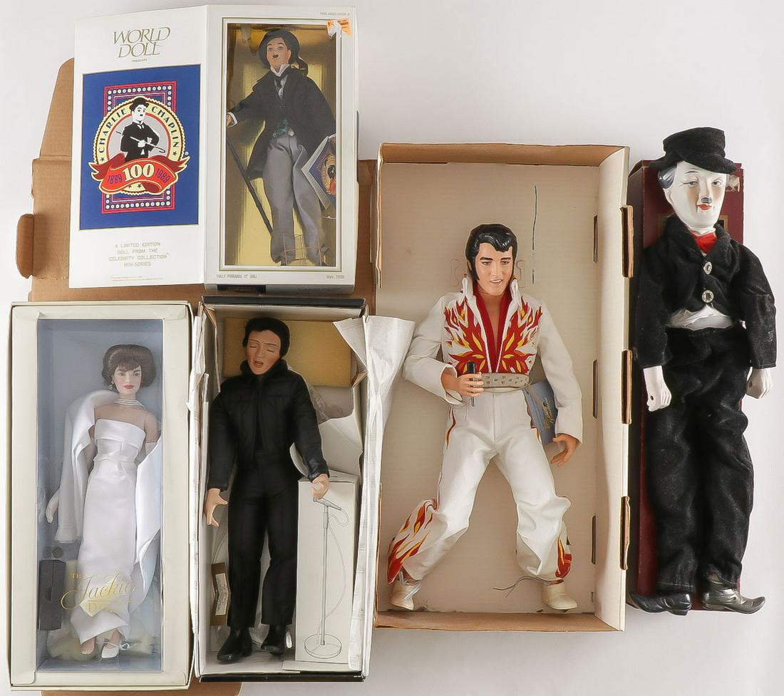 LIMITED ED. COLLECTOR'S DOLLS ELVIS & JACKIE O: LIMITED ED. COLLECTOR'S DOLLS ELVIS & JACKIE O. Comprising five individual dolls including a limited-edition World Doll 21-inch Vinyl "Burning Love Elvis" doll in original box, a 1