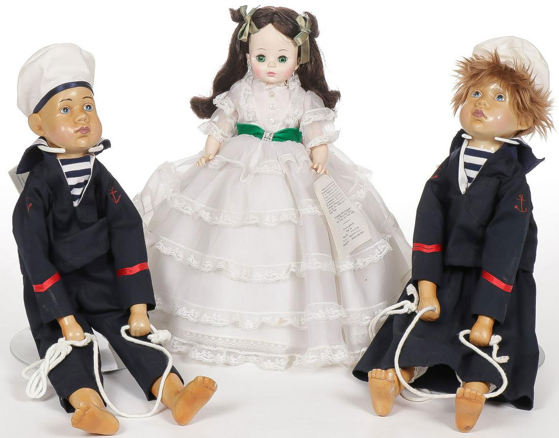 PAIR OF TY'MOUSSE PORCELAIN DOLLS: PAIR OF TY'MOUSSE PORCELAIN DOLLS. Comprising a sailor boy and girl Ty'Mousse mascot collection dolls with original labels and a Madam Alexander Gone With the Wind Doll with original label. Gr