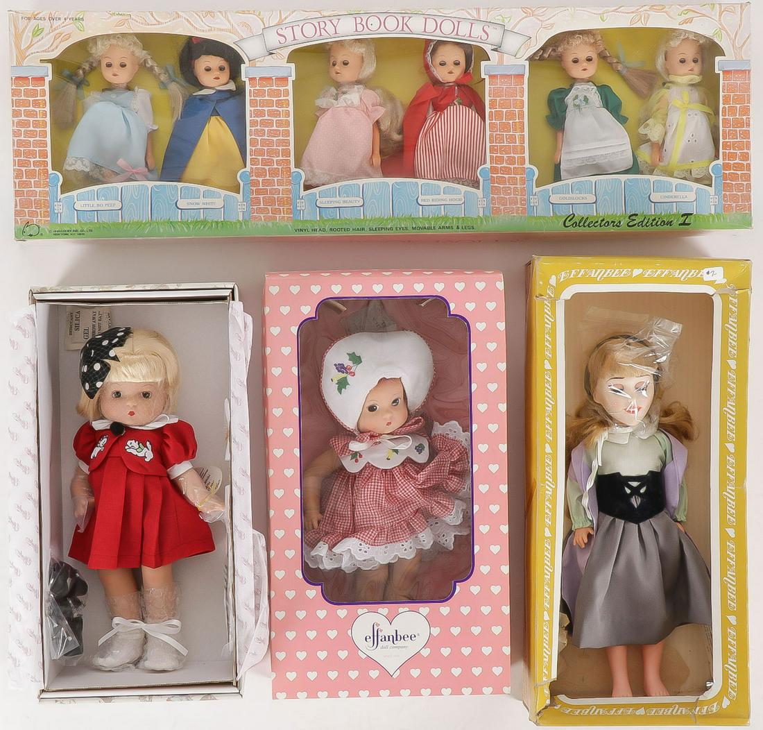 LARGE GROUP LOT COLLECTOR'S DOLLS: LARGE GROUP LOT COLLECTOR'S DOLLS. Comprising over 25 individual dolls as shown, including a Vintage Effanbee Aurora aka Sleeping Beauty doll, in original box with tag, height 14 inches, and three