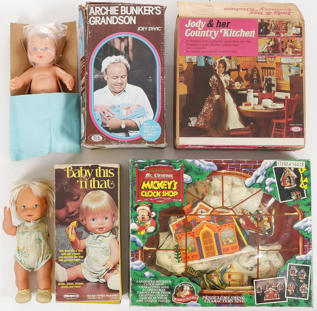 VINTAGE TOYS, DOLLS, AND DOLL HOUSES: VINTAGE TOYS, DOLLS, AND DOLL HOUSES. Comprising "Jody and Her Country Kitchen" doll and doll house, "Baby This â€˜n That" doll, "Archie Bunker's Grandson" doll, and Mi