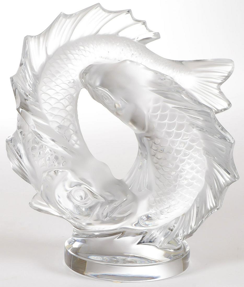 LALIQUE CRYSTAL TWO FISHES (DEUX POISSONS): LALIQUE CRYSTAL TWO FISHES (DEUX POISSONS). Very good condition, no damage. Signed on base. Height 11.25 inches. SHIPPING NOTICE: Jackson's is your sole and only source for one stop packing and shippi