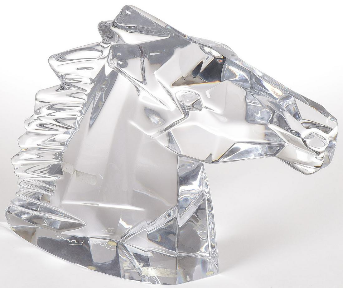 LARGE DAUM CRYSTAL HORSE HEAD: LARGE DAUM CRYSTAL HORSE HEAD. Very good condition, no damage. Engraved on base and with original paper label. Height 11.25 inches.SHIPPING NOTICE:Jackson's is your sole and only source for one stop