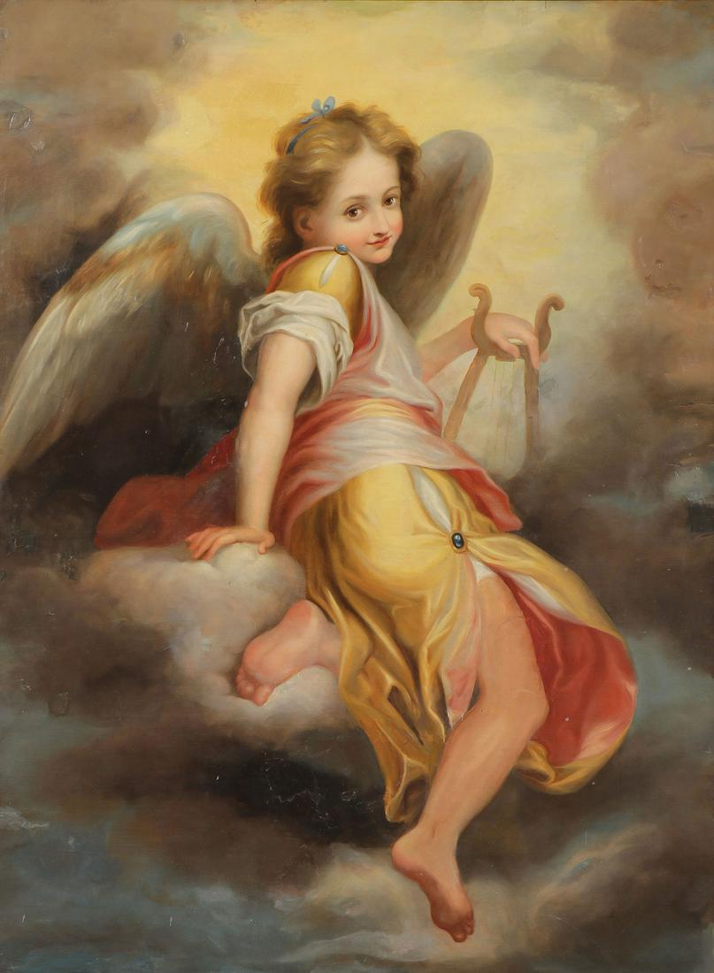 19TH CENTURY PAINTING OF ANGEL: FRENCH SCHOOL (19th Century) Heavenly Angel with Harp Oil on canvas laid down 39.5 inches x 29.5 inches (100cm x 75cm) Provenance: The estate of Ronald J. Palagi (1947-2022) O