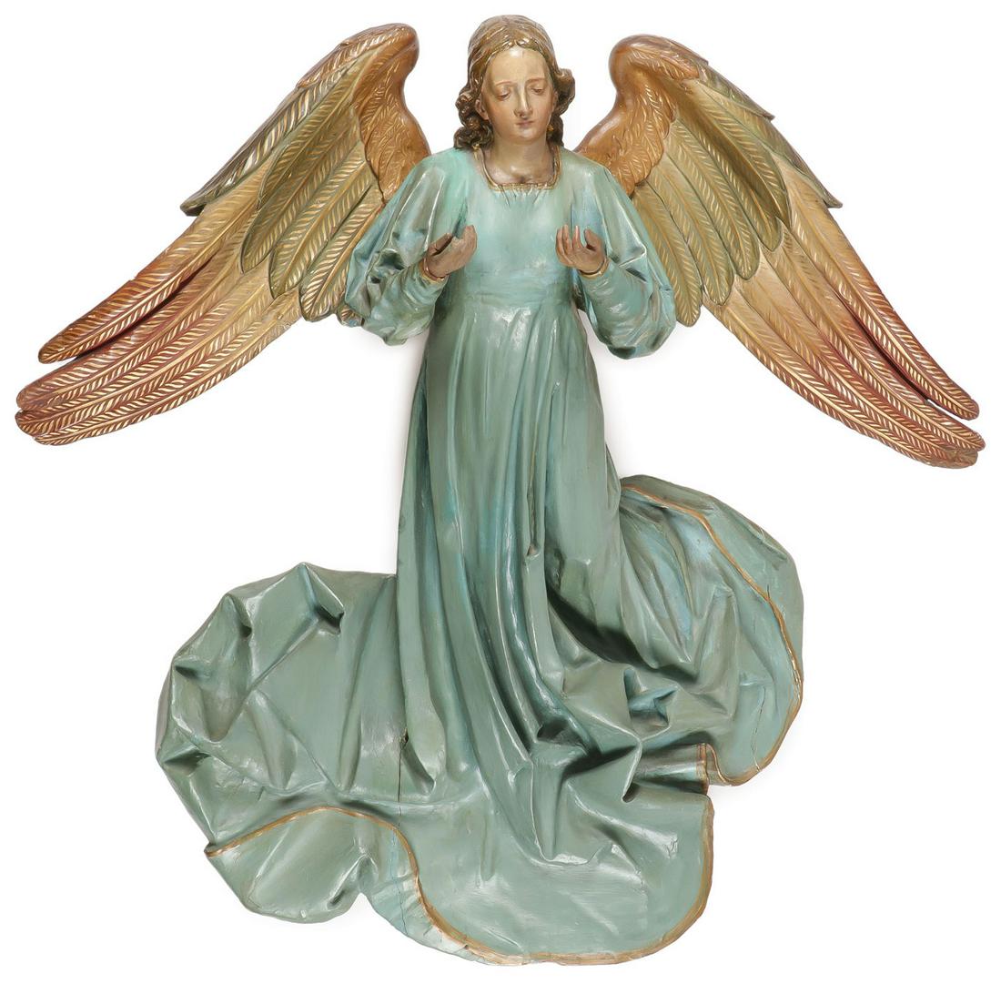 SPECTACULAR LARGE CARVED WOOD ANGEL, 19TH C (1 of 2)