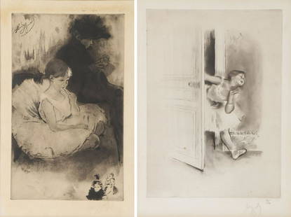 TWO SIGNED LOUIS LEGRAND ETCHINGS: TWO SIGNED LOUIS LEGRAND ETCHINGS. Comprising two Louis Legrand (French 1863 - 1951) etchings including La Gosse from La Petite Classe c. 1902-05, pencil signed and numbered 74/100 lower right, co