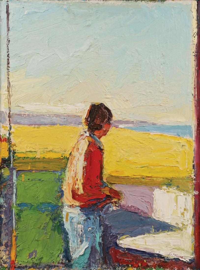 ORIGINAL MODERN ART OIL ON CANVAS HARE: DENNIS HARE (American b. 1946 - )Figure on Porch - 1989Oil on canvasSigned lower right, further signed, titled, and dated on verso24 inches x 18 inches, contained in a linen lined frame overa