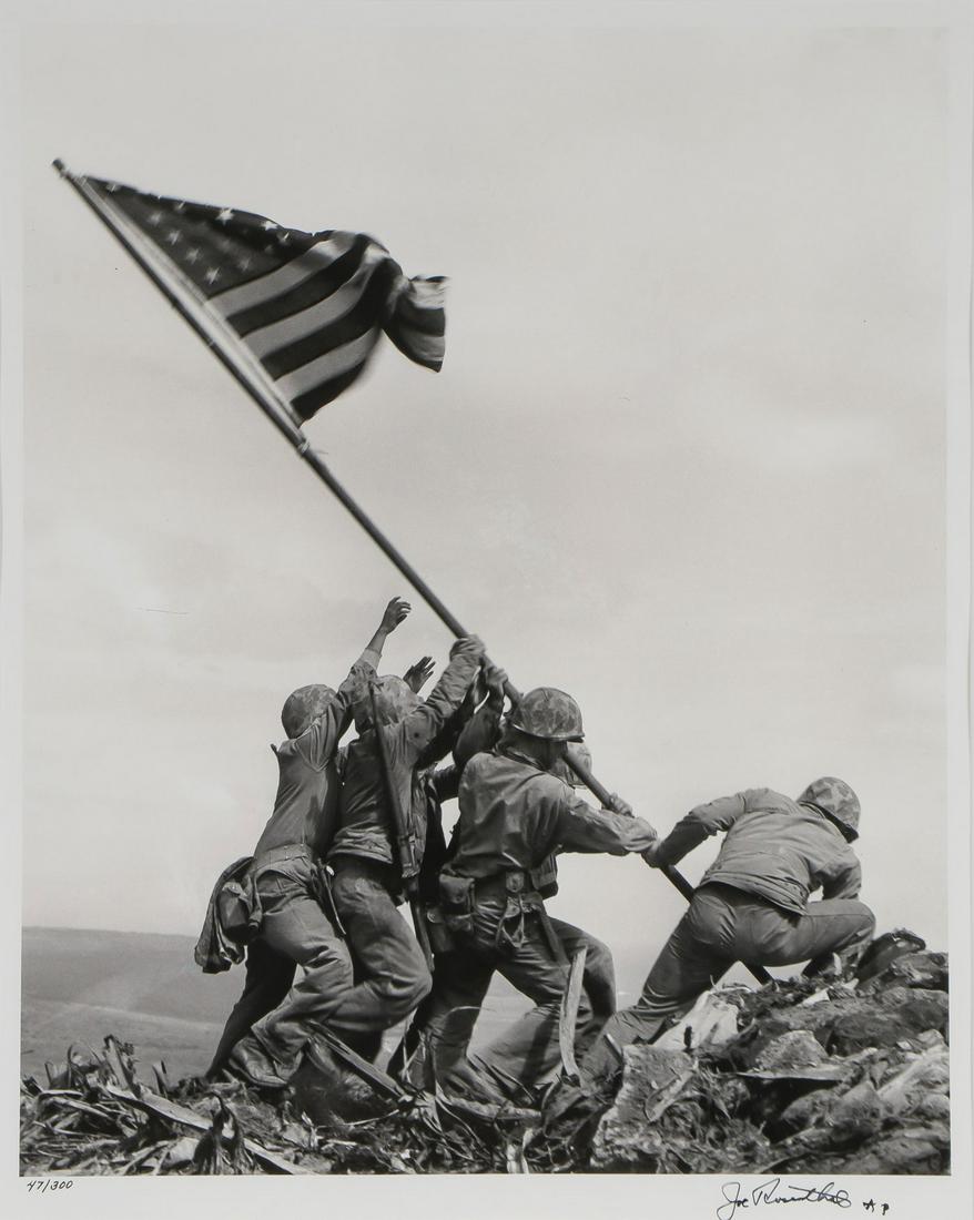 JOE ROSENTHAL SIGNED PHOTO OF IWO JIMA FLAG: JOE ROSENTHAL (American 1911 - 2006)Raising of the Flag at Iwo Jima - 1945Gelatin Silver print, printed by Time Life Photo Labs 1995Signed lower right “Joe Rosenthal AP” and editioned 47/300 l