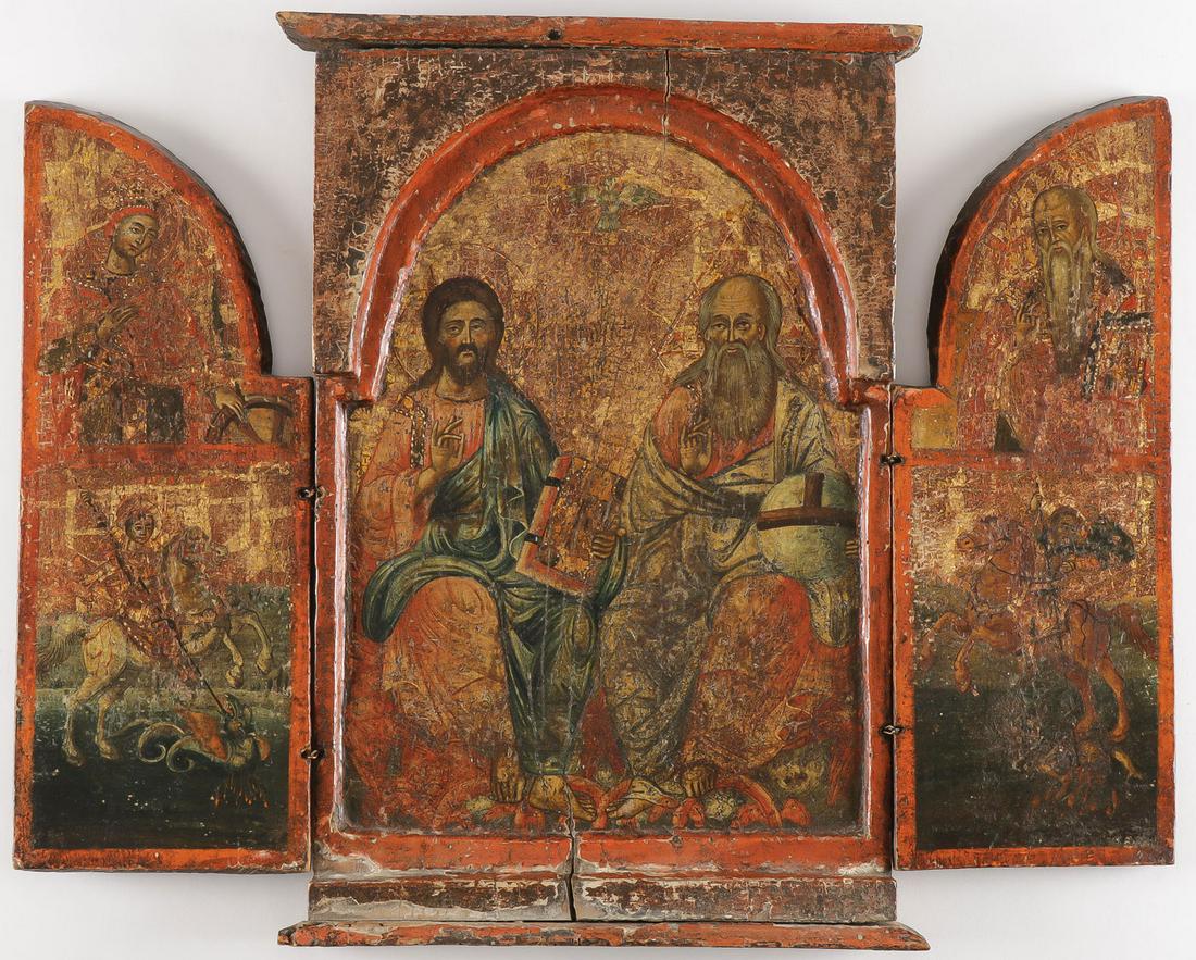 LARGE GREEK ICON TRYPTIC OF TRINITY C. 1800 (1 of 3)