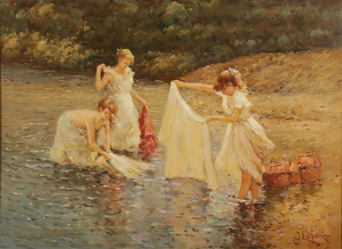 ORIGINAL SIGNED FRENCH OIL BY JEAN LEFORT: JEAN LEFORT (French b. 1948 -)Wash Day Oil on boardSigned lower right23.2 inches x 31.25 inches (59 x 79.5 cm)SHIPPING NOTICE:Jackson's is your sole and only source