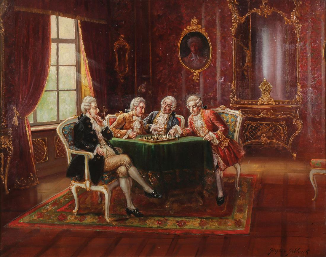 FINE CHESS MATCH GENRE PAINTING SIGNED, C. 1920 (1 of 4)